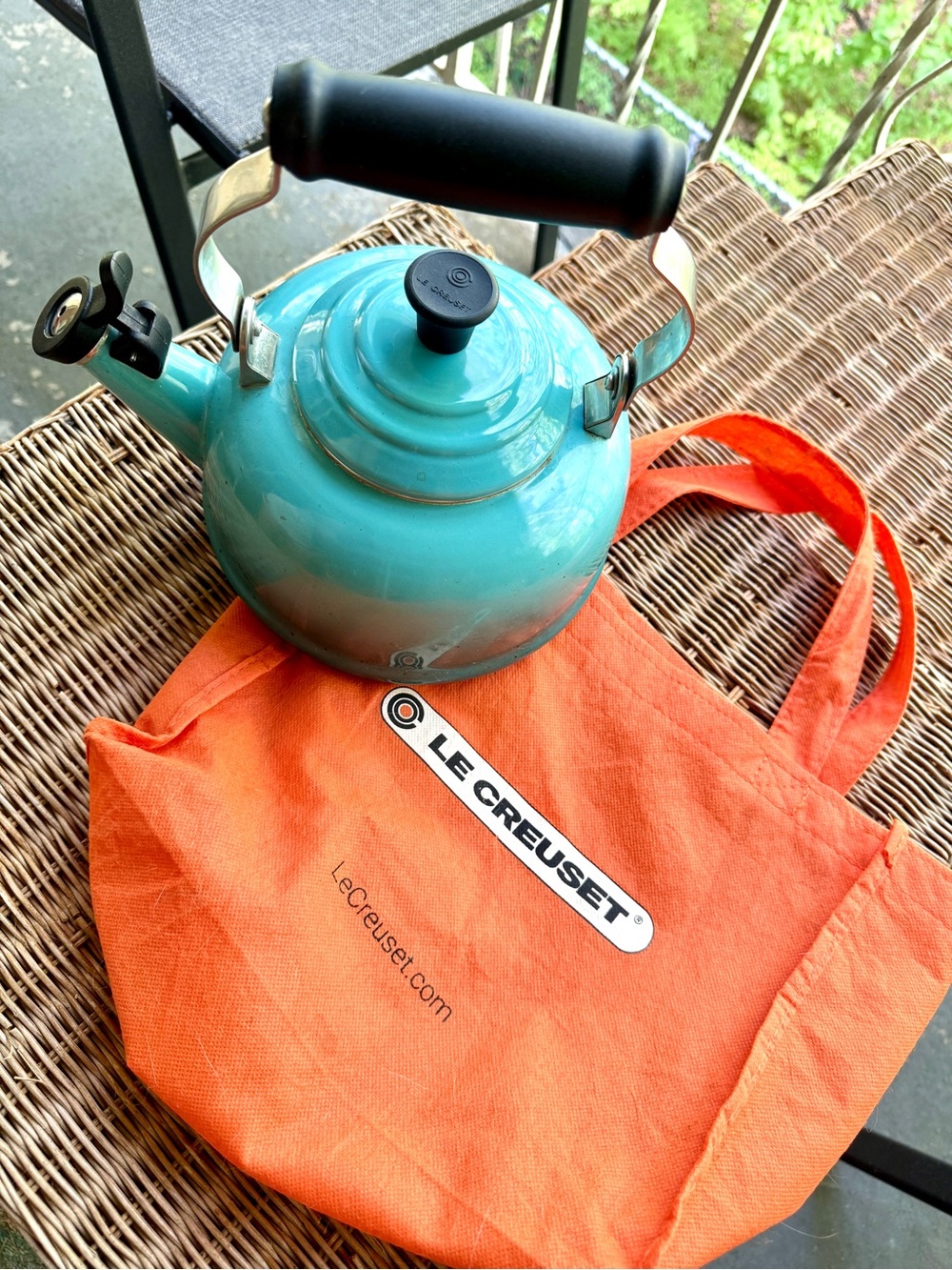 Le Creuset Turquoise Enamel Stovetop Whistling Kettle with Black Handle